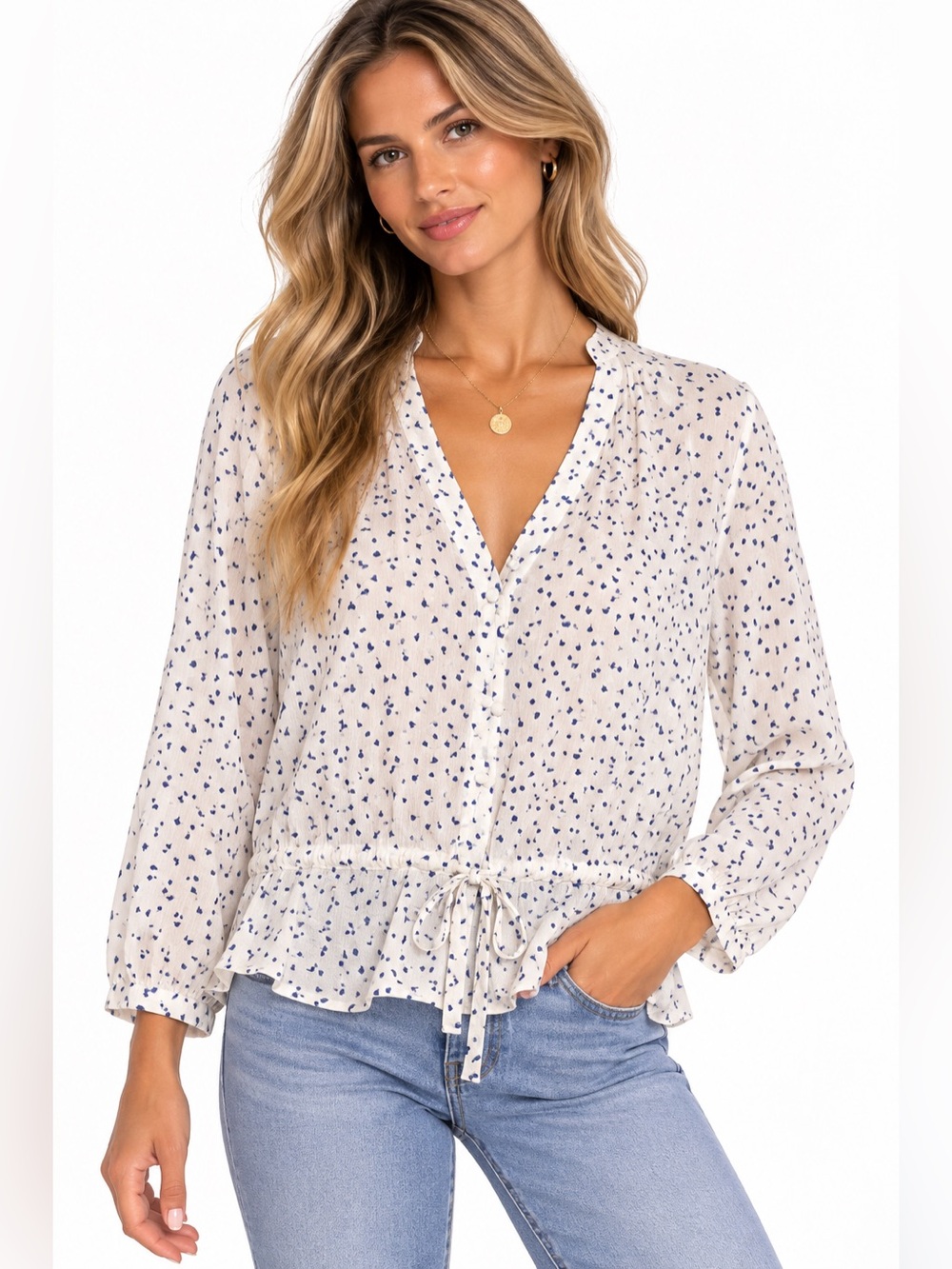 Rails Size XL Women's Cream Floral Peasant Blouse with Drawstring Waist